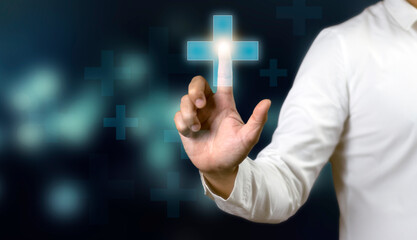 Businessman hand touching plus sign icon means to offer positive thing like benefits, personal development, social network.