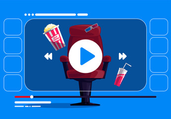 vector illustration of a bag of popcorn with soda lies on the red seat of a cinema with glasses for watching a movie in 3D, the concept of an online cinema with a play button