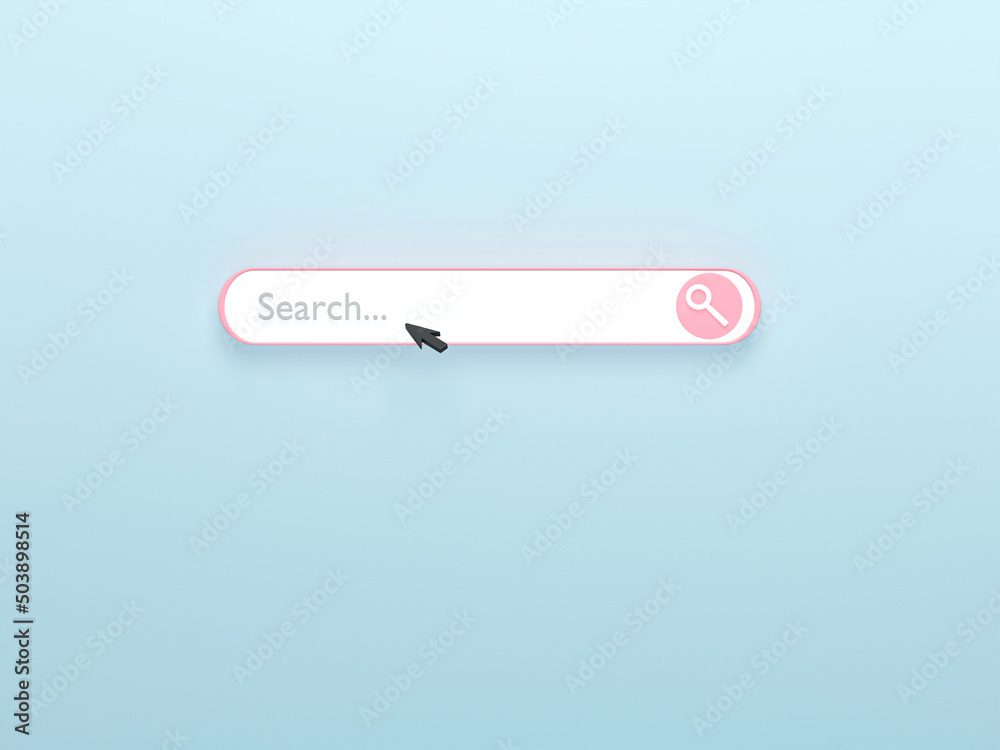 Poster 3d render 3d illustration. minimal search bar element with arrow cursor on blue background. searchin