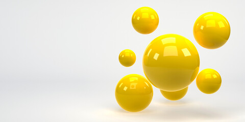 3D rendering, 3D illustration. Flying yellow spheres ball on white background. Minimal concept.