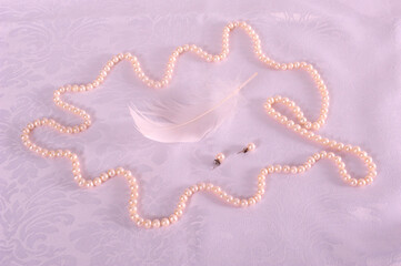 Pearl Necklace, Feather and Earrings