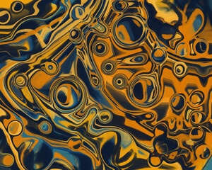 Fluid art texture. Mixed paint effect background. Marble of mixed paints of orange and dark blue colors