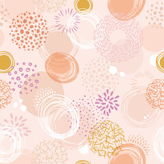 Doodle round abstract seamless pattern. Vector organic background with scribble lines, dots and bubbles. Hand drawn shapes in skin color palette.