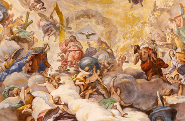 VALENCIA, SPAIN - FEBRUARY 14, 2022: The central part of fresco in cupola of the church Basilica de...
