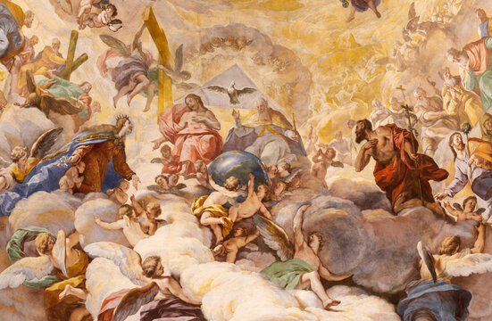 VALENCIA, SPAIN - FEBRUARY 14, 2022: The central part of fresco in cupola of the church Basilica de la Mare de Deu dels Desamparats by Antonio Palomino (1701).