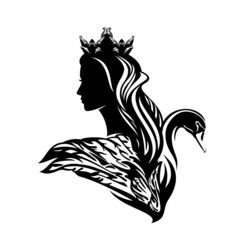 black and white vector silhouette portrait of fairy tale queen or princess wearing royal crown with her magic swan bird head and wing