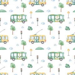 Watercolor seamless pattern with bus, trolleybus, trees, traffic light, road sign, bush, for children, boys on a white background © MarinaErmakova