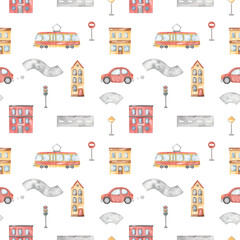 Watercolor seamless pattern with car, tram, building, houses, road sign, road, traffic lights, for children, boys on a white background