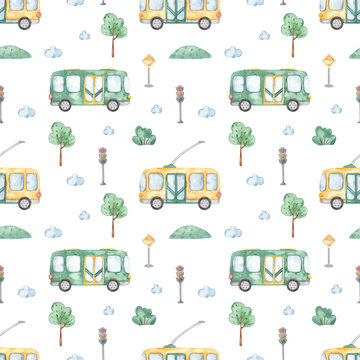 Watercolor seamless pattern with bus, trolleybus, trees, traffic light, road sign, bush, for children, boys on a white background