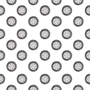 Watercolor seamless pattern with car wheels, tires, rims, for children, boys on a white background