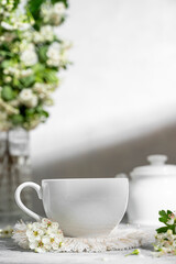 Cup coffee with milk and blooming tree brunches, stillife image