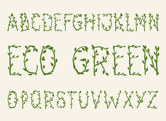 Full alphabet made of tree branches with leaves