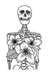 Human skeleton with sakula flowers bunch