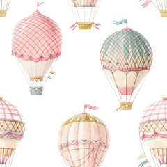 Beautiful seamless pattern with cute watercolor hand drawn retro vintage air balloons with flags. Stock illustration. © zenina