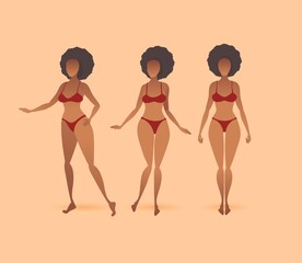 Beautiful African girl in a red bikini, three poses. Vector.