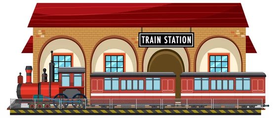 Acrylic prints Kids Train station scene with steam locomotive