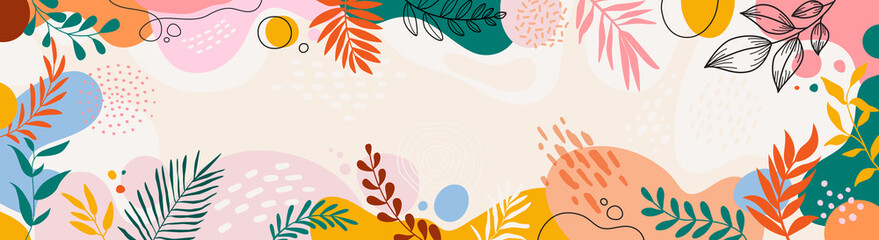 Fototapeta na wymiar Design banner frame background .Colorful poster background vector illustration.Exotic plants, branches,art print for beauty, fashion and natural products,wellness, wedding and event.