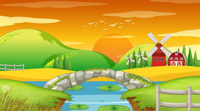 Farm background with stone bridge