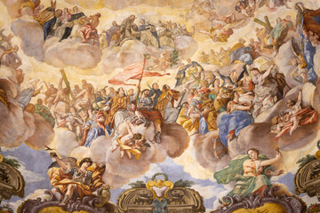 VALENCIA, SPAIN - FEBRUARY 14, 2022: The "Communio Sanctorum" - holys in the cupola of the church Basilica de la Mare de Deu dels Desamparats by Antonio Palomino (1701).