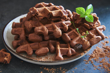 Delicious Belgian chocolate waffles on a ceramic plate on a dark stone countertop.