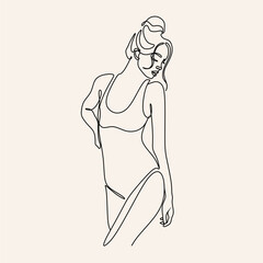 Trendy Line Art Woman Body. Minimalistic Black Lines Drawing. Female Figure Continuous One Line Abstract Drawing. Modern Scandinavian Design. Naked Body Art. Vector Illustration.