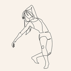 Continuous drawing in one line. Happy woman stretching. Vector illustration. Dancer dancing contemporary dance. Minimalist Wellness Feminine Illustration Elegant Logo