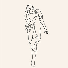 Continuous drawing in one line. Happy woman stretching. Vector illustration. Dancer dancing contemporary dance. Minimalist Wellness Feminine Illustration Elegant Logo