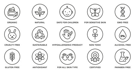 Natural Healthy Eco Bio Food, Cruelty Free, Non Alcohol and Paraben Label. Cosmetic Organic Product Line Black Set Stamp. Nature Sustainable Product Outline Sticker. Isolated Vector Illustration - obrazy, fototapety, plakaty