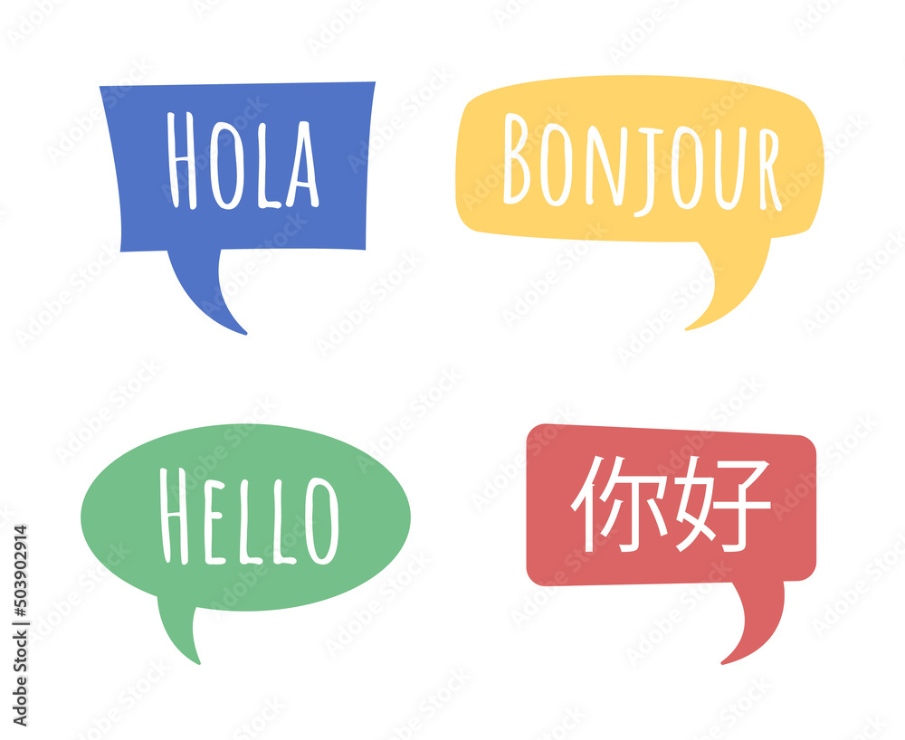 Poster saying hello in different languages semi flat color vector speech bubble set. simple cartoon style i