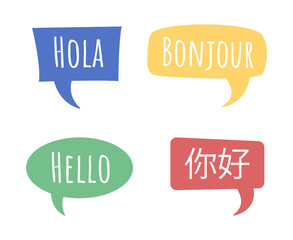 Saying hello in different languages semi flat color vector speech bubble set. Simple cartoon style illustration collection for web graphic design and animation. Amatic SC, KozGoPr6N fonts used © The img