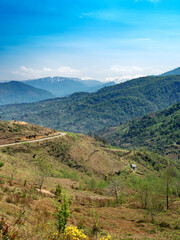Fototapeta premium Mountain landscape. Blue sky. Valley in early spring. Serpentine road. Lonely standing house. Sunlight. Beautiful landscape. Young green plants are blooming. vertically. Place for text. Copy space