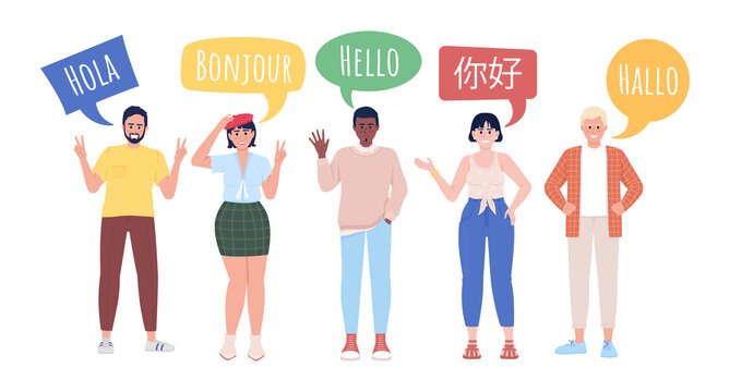 Multilingualism semi flat color vector characters. Standing figures. Full body people on white. Simple cartoon style illustration for web graphic design and animation. Amatic SC, KozGoPr6N fonts used
