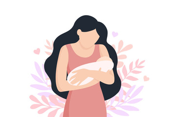 Young mother with a newborn baby in her arms. Woman with a baby on a background of nature and leaves. The concept of motherhood, health, family. Flat vector illustration isolated on white background