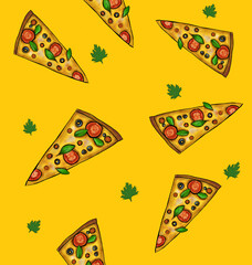 appetizing pizza pattern on yellow background illustration