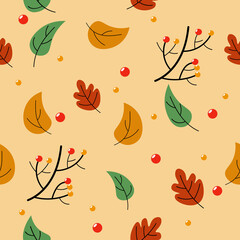 autumn pattern with different leaves and berries.