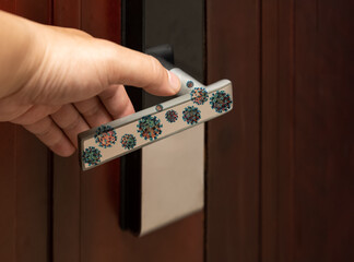 man about to grab a door lock handle full of coronavirus
