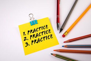 PRACTICE. Sheet of paper with text on a white office desk