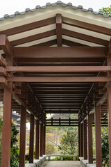 pathway with wooden roofs vertical composition