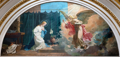 VALENCIA, SPAIN - FEBRUAR 17, 2022: The painting of Annunciation in the church Basilica Sagrado Corazon from 20. cent.