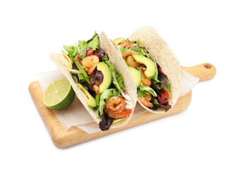 Delicious tacos with shrimps, avocado and lime on white background