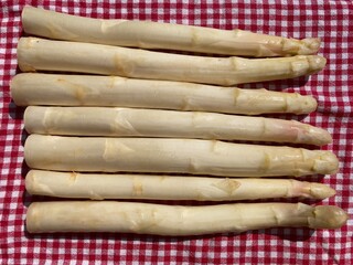freshly harvested stalks of white asparagus lie on a red and white checkered cloth