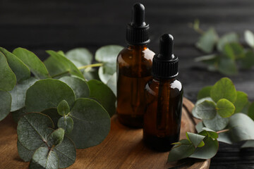 Bottles of eucalyptus essential oil and plant branches on wooden plate