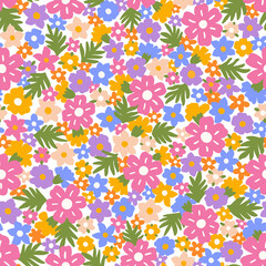 Seamless floral pattern on a white background. Textile design with cute flowers. Repeatable botanical background. Summer flat illustration.