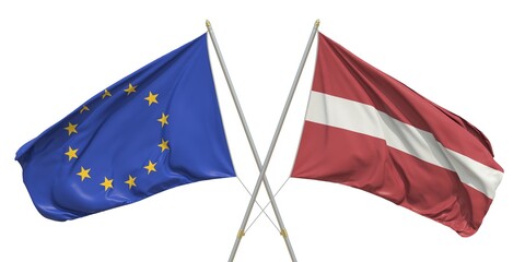 Flags of Latvia and the European Union EU on white background. 3D rendering