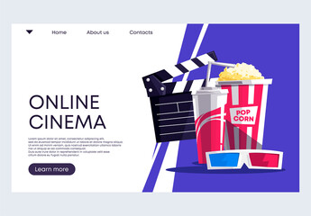 Vector illustration of a banner template for a website with the concept of an online cinema, popcorn in a soda bag and glasses for watching 3D movies