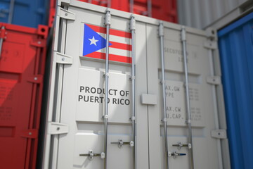 Goods from Puerto Rico in cargo container and printed national flag. Business related 3D rendering