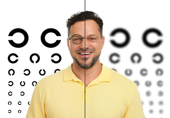 Collage with photos of man with and without glasses and eye charts on white background. Visual acuity testing