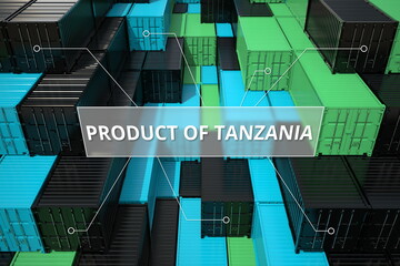 Goods from Tanzania in cargo containers. Business related 3D rendering