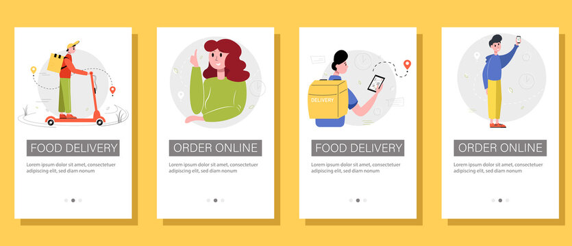 Set of flyers for the online food ordering and delivery service. Vector illustration for poster, banner, advertisement.