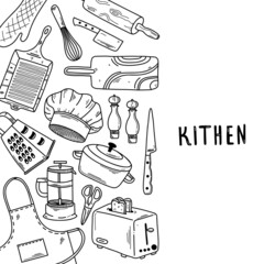 Hand drawn doodle kitchen set. Vector illustration of kitchen equipments and tools. Baking and cooking tamplate for restaurant menu and recipe book